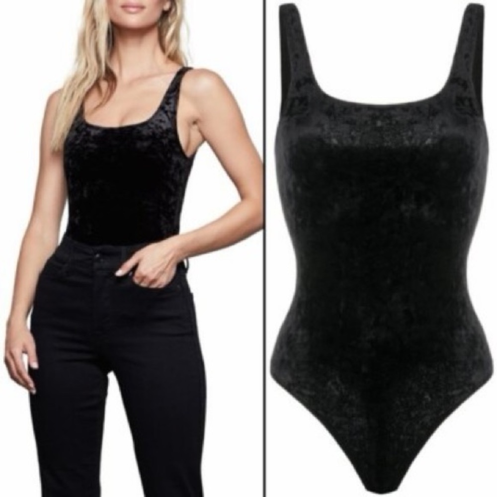 Good American Black Velvet Square-Neck Bodysuit